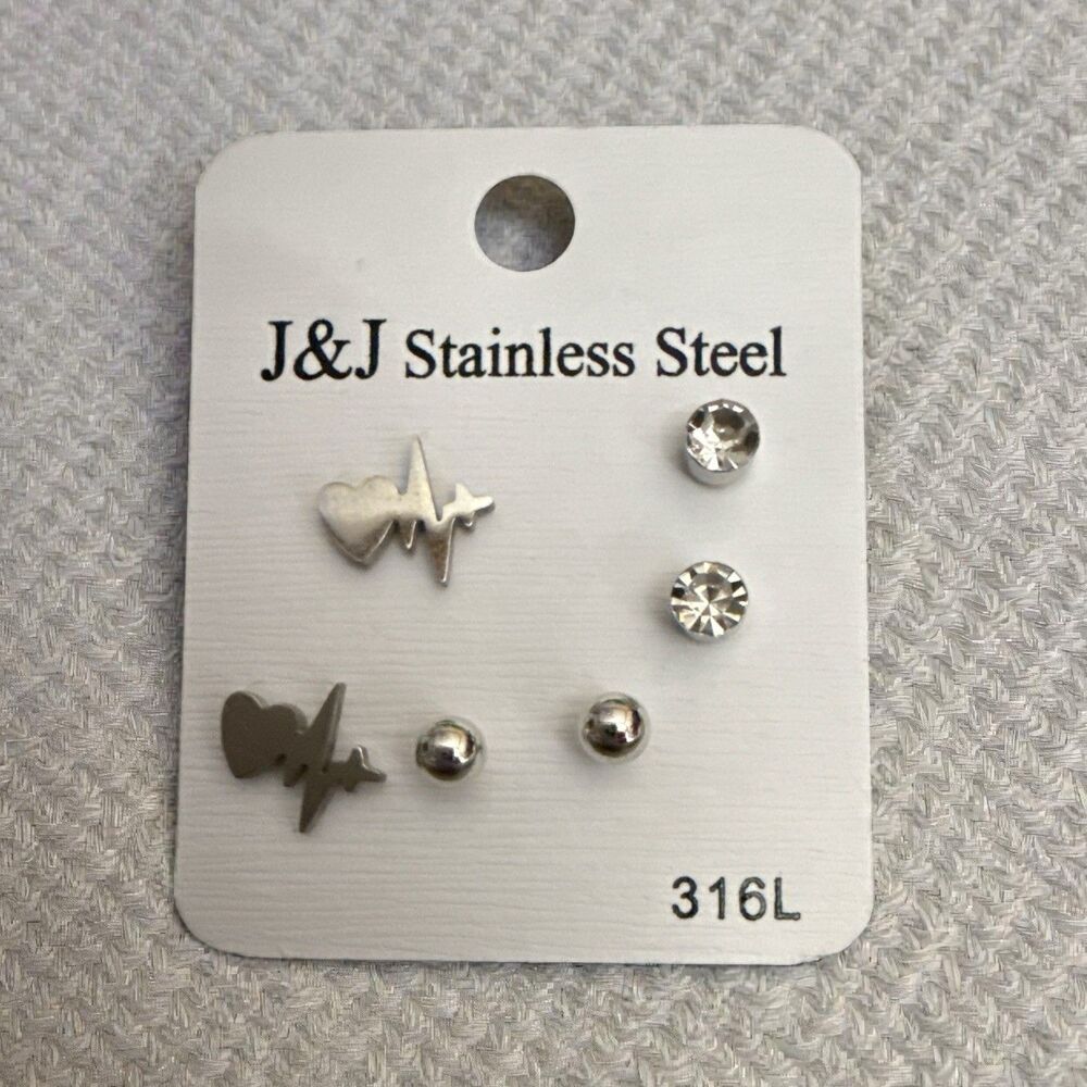 Stainless Steel Stud Earring Set  Heartbeat | 3 Pair | Heart Health Nurse Love